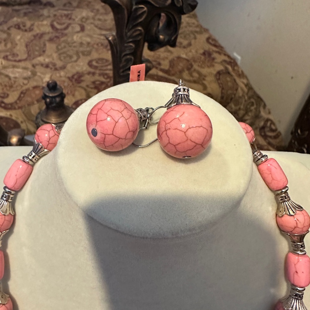 Pink Beaded Squash Blossom Necklace and Earring Set - Picture 2 of 4